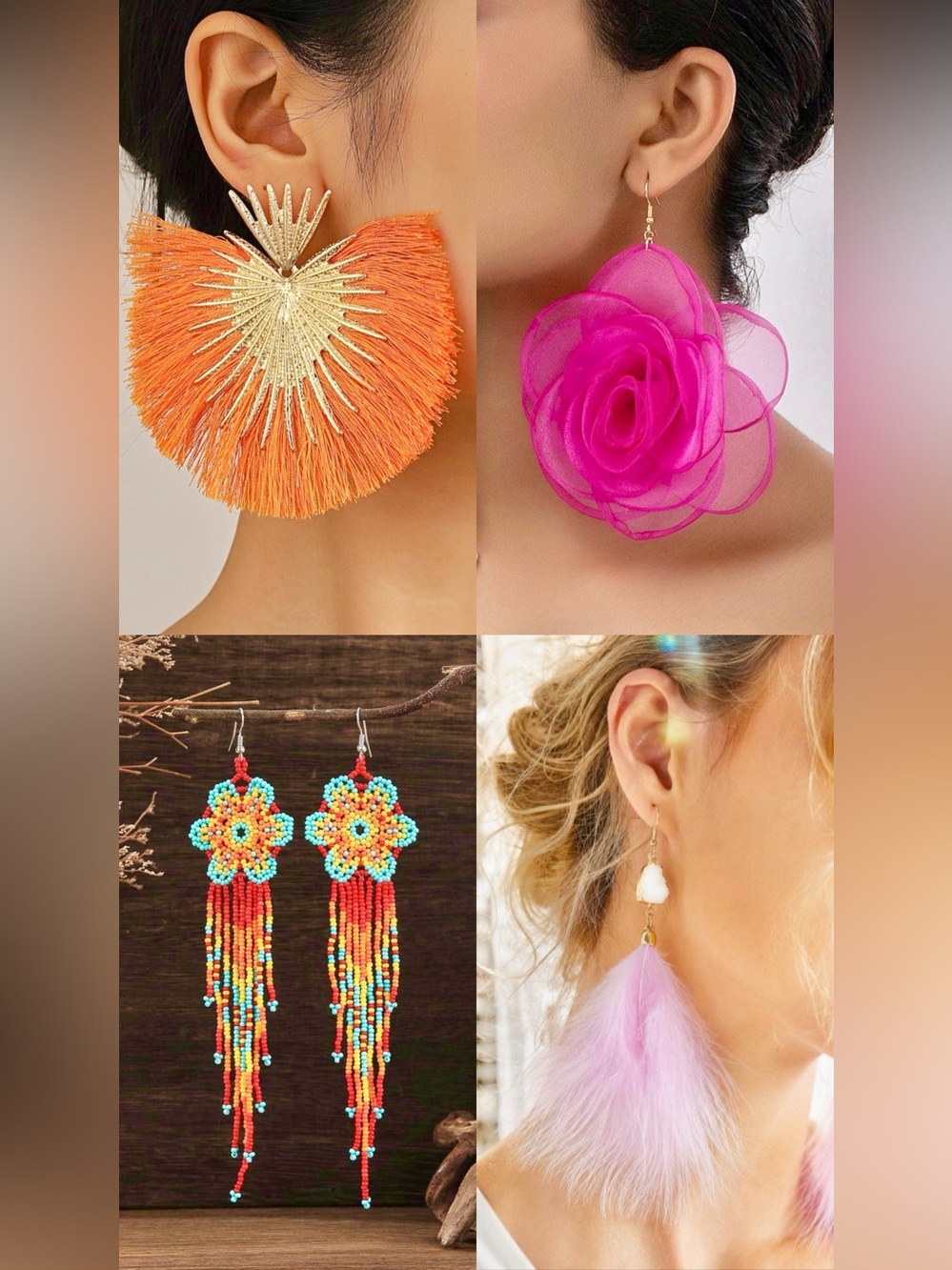 Set of 4 Summer Fun Colourful Earrings Pink Feather Tassel Bead Orange Blue NEW